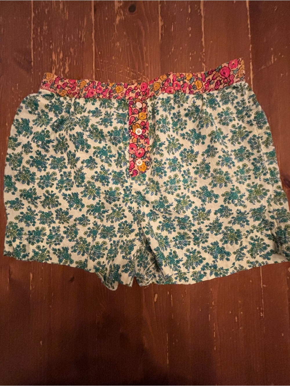 NATURAL LIFE Teal Floral Cotton boxer Shorts with Pink-Yellow Trim. Small